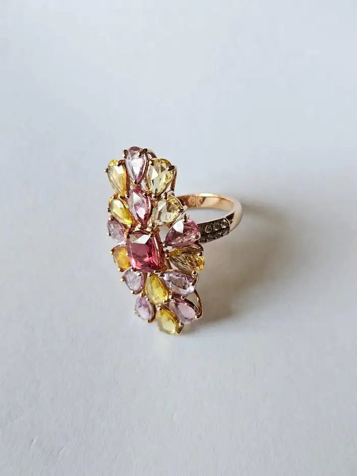 18k Rose Gold Diamond Cluster Ring - Natural Tourmaline & Multi Sapphire Cocktail Ring