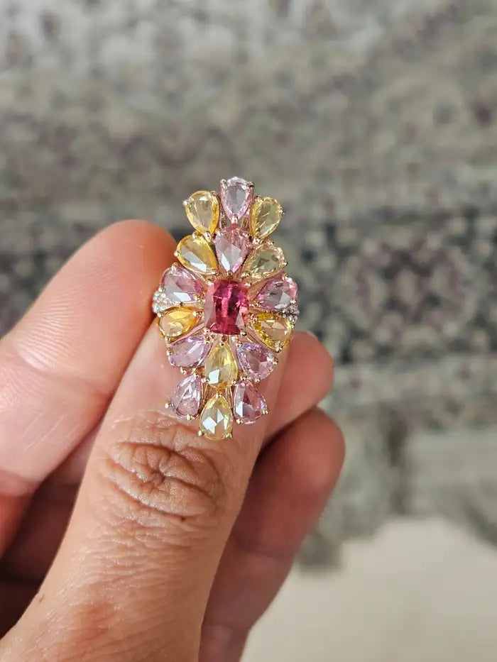 18k Rose Gold Diamond Cluster Ring - Natural Tourmaline & Multi Sapphire Cocktail Ring