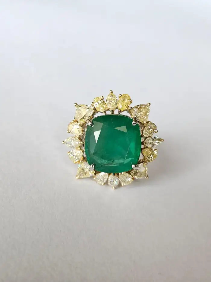 12.60 Cushion Shape Zambian Emerald Ring - 18k Yellow Gold Wedding Ring With Yellow Diamonds