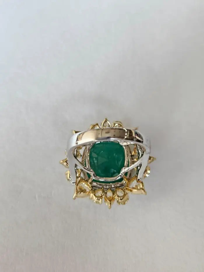 12.60 Cushion Shape Zambian Emerald Ring - 18k Yellow Gold Wedding Ring With Yellow Diamonds