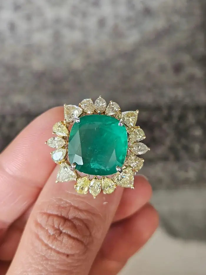 12.60 Cushion Shape Zambian Emerald Ring - 18k Yellow Gold Wedding Ring With Yellow Diamonds