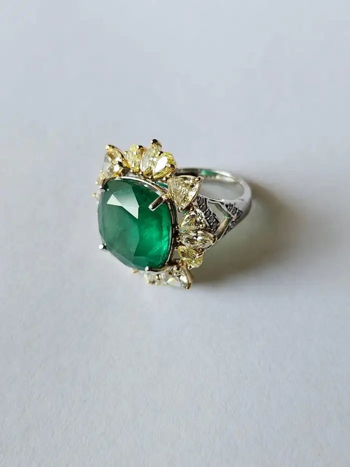 12.60 Cushion Shape Zambian Emerald Ring - 18k Yellow Gold Wedding Ring With Yellow Diamonds
