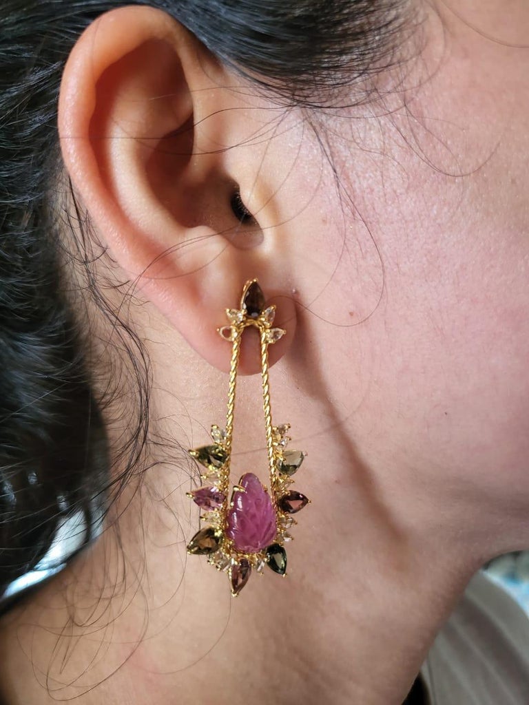 6.46 carats, carved Tourmaline, Multi Sapphire & Diamonds Chandelier Earrings