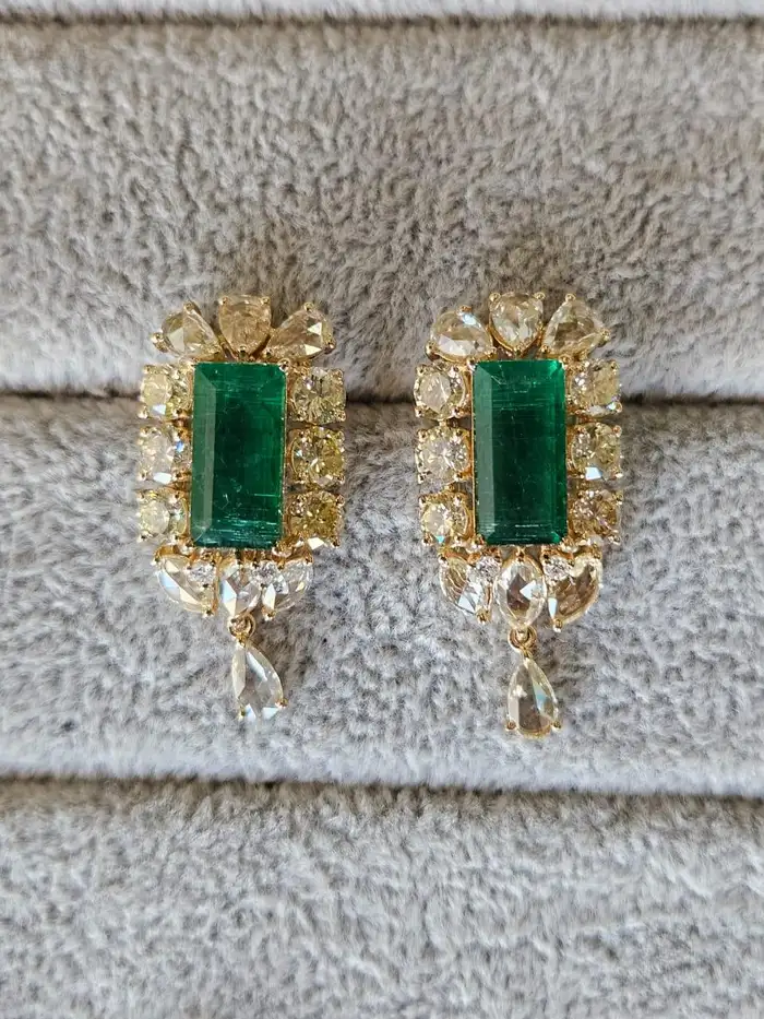 Natural Yellow Rose Cut Diamond Dangle Earrings - Solid 18k Yellow Gold Earrings With Zambian Emerald