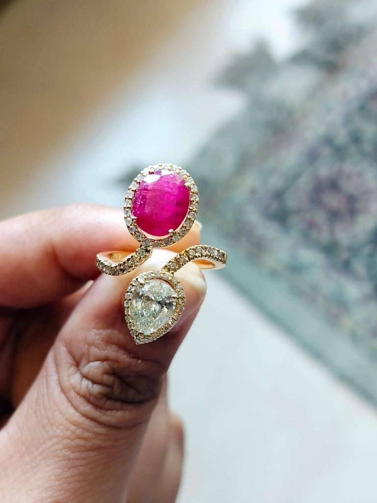 6.90 carats carved Tourmaline & Diamonds Three Stone Ring/Cocktail Ring