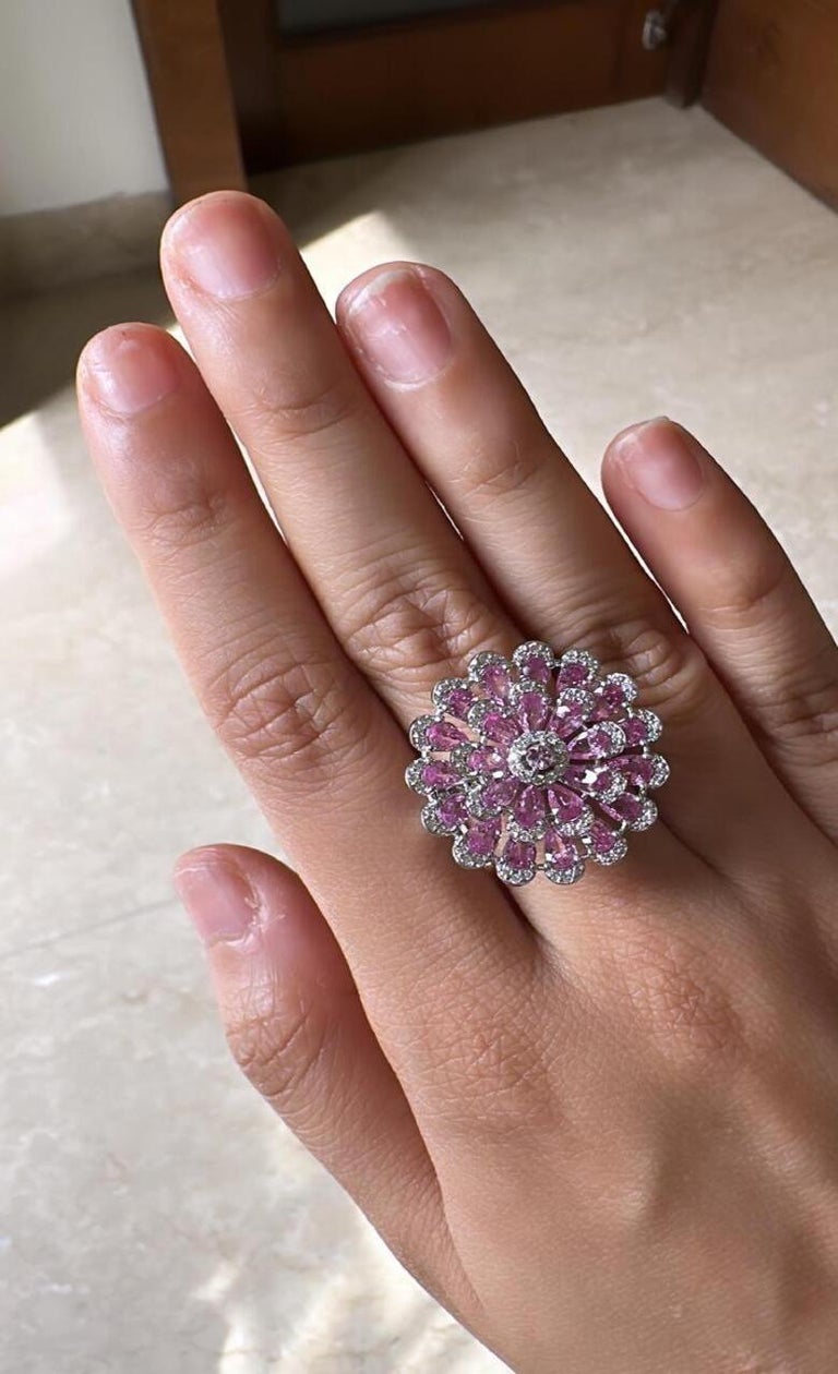 Set in 18K White Gold, 5.82 carats, Pink Sapphires & Diamonds Cocktail Ring