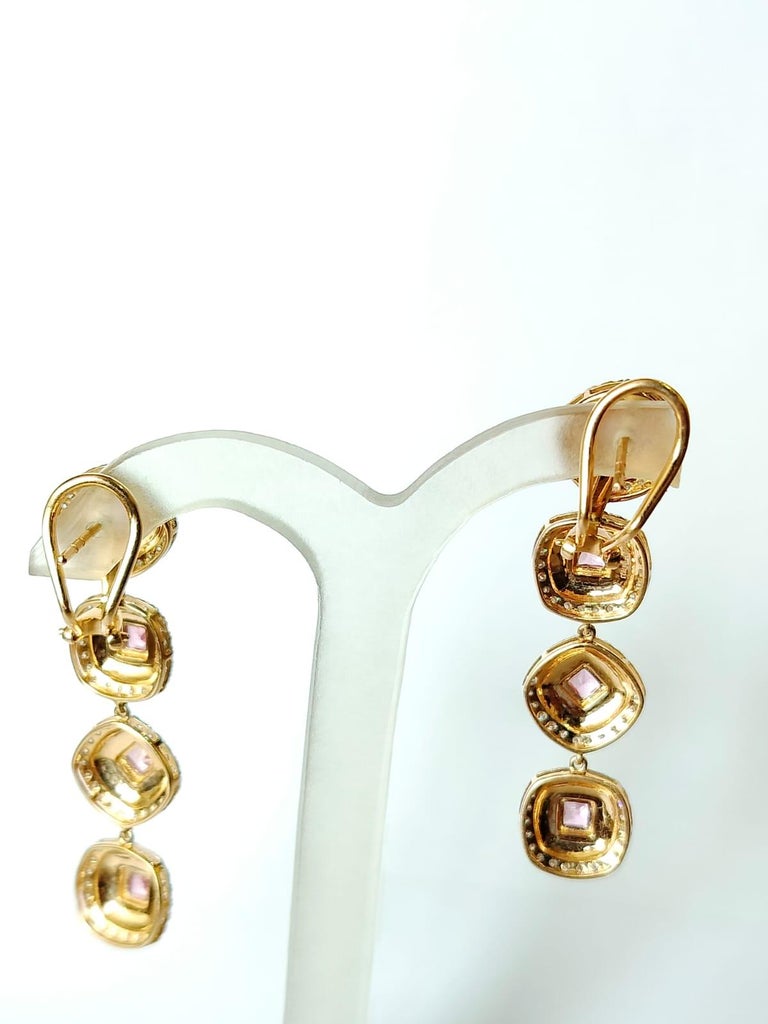 3.70 carats Pink Sapphire, White Enamel & Diamonds Chandelier/Dangle Earrings