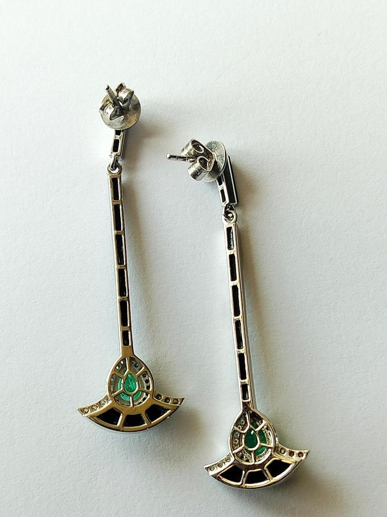 1.21 carats Natural Emerald, Black Enamel & Diamonds Chandelier Earrings