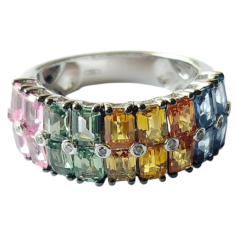 18K White Gold, 4.66 carats, Ceylon Multi Sapphires & Diamonds Band Ring