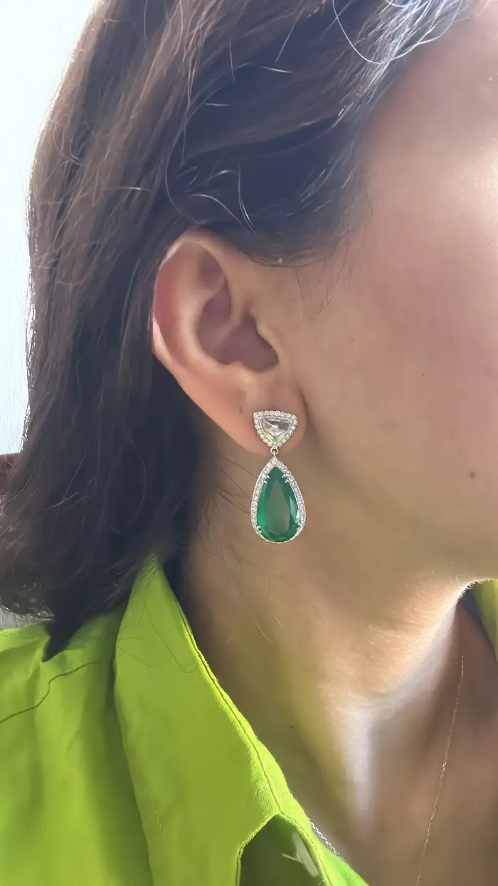 18K Gold, 15.01 carats Zambian Emeralds & Rose Cut Diamonds Drop Earrings