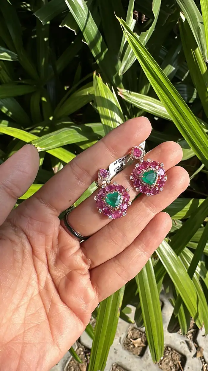 Natural Heart Shape Zambian Emerald & Pink Sapphire Dangle Earrings - 18k Rose Gold Diamond Earrings - Anniversary Gift For Wife