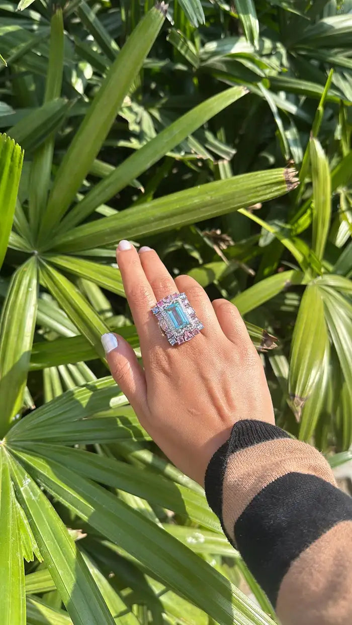 Natural Aquamarine & Multi Sapphire Cocktail Ring - Handmade 18k White Gold Diamond Ring