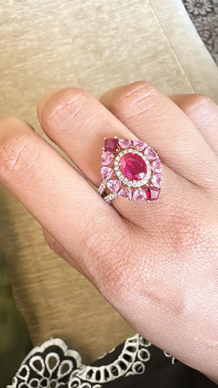 Set in 18K Gold, natural Mozambique Ruby, Pink Sapphire & Diamonds Cocktail Ring