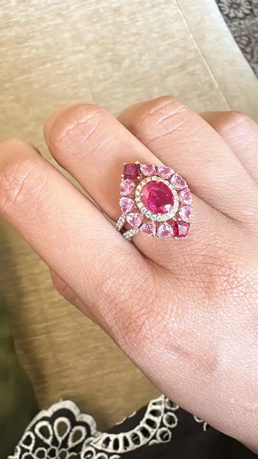 Set in 18K Gold, natural Mozambique Ruby, Pink Sapphire & Diamonds Cocktail Ring