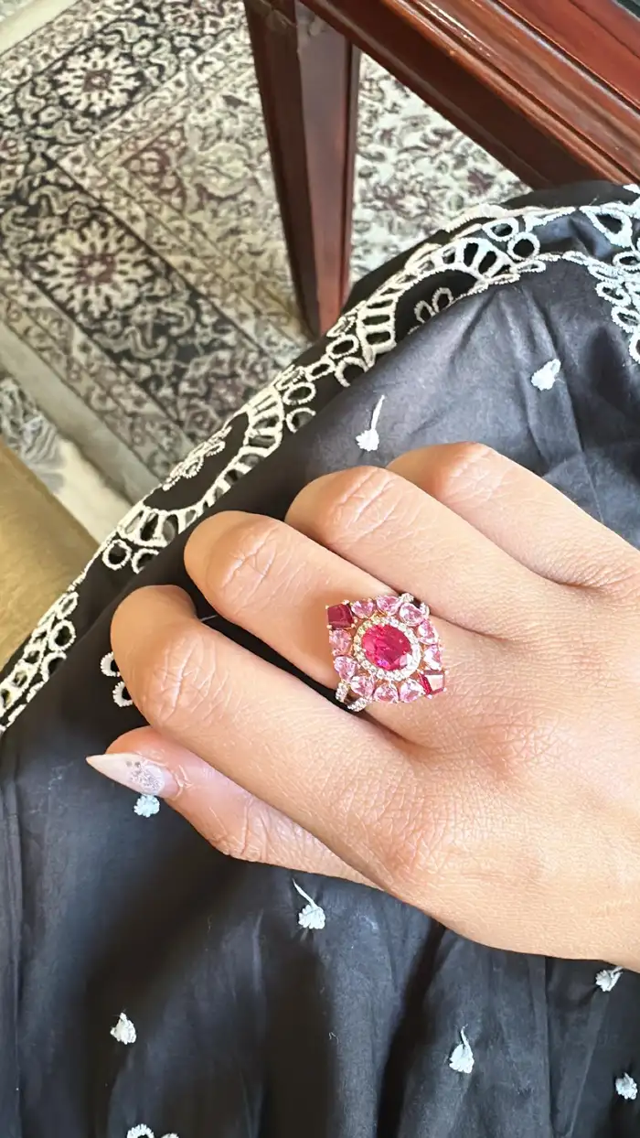 Set in 18K Gold, natural Mozambique Ruby, Pink Sapphire & Diamonds Cocktail Ring