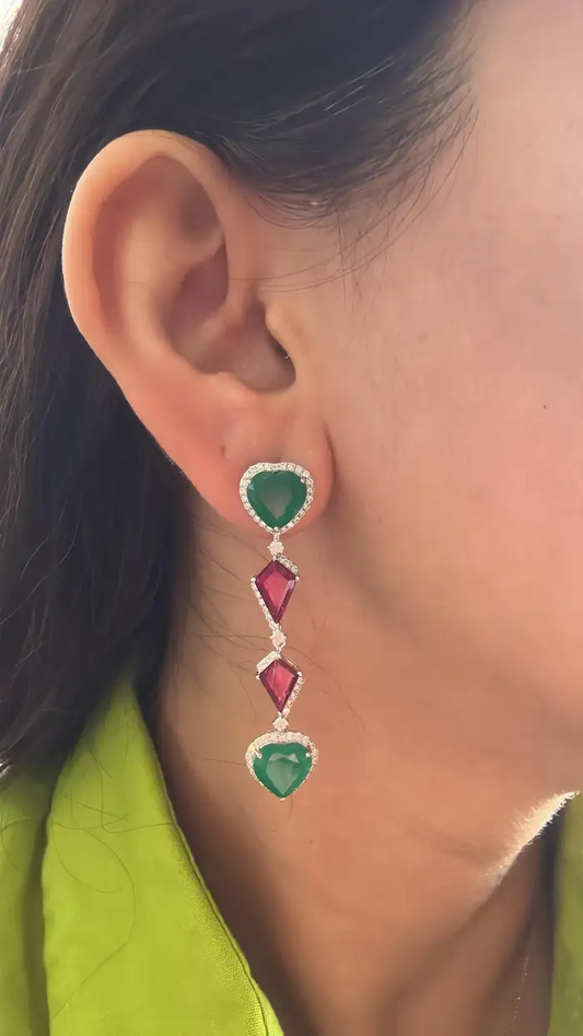 Heart Shape Zambian Emerald Dangle Earrings - 18k White Gold Diamond Statement Earrings