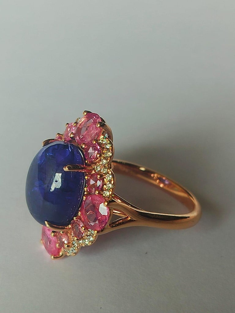 18K Gold, 9.00 Carats Tanzanite, Pink Sapphire & Diamond Cocktail Ring