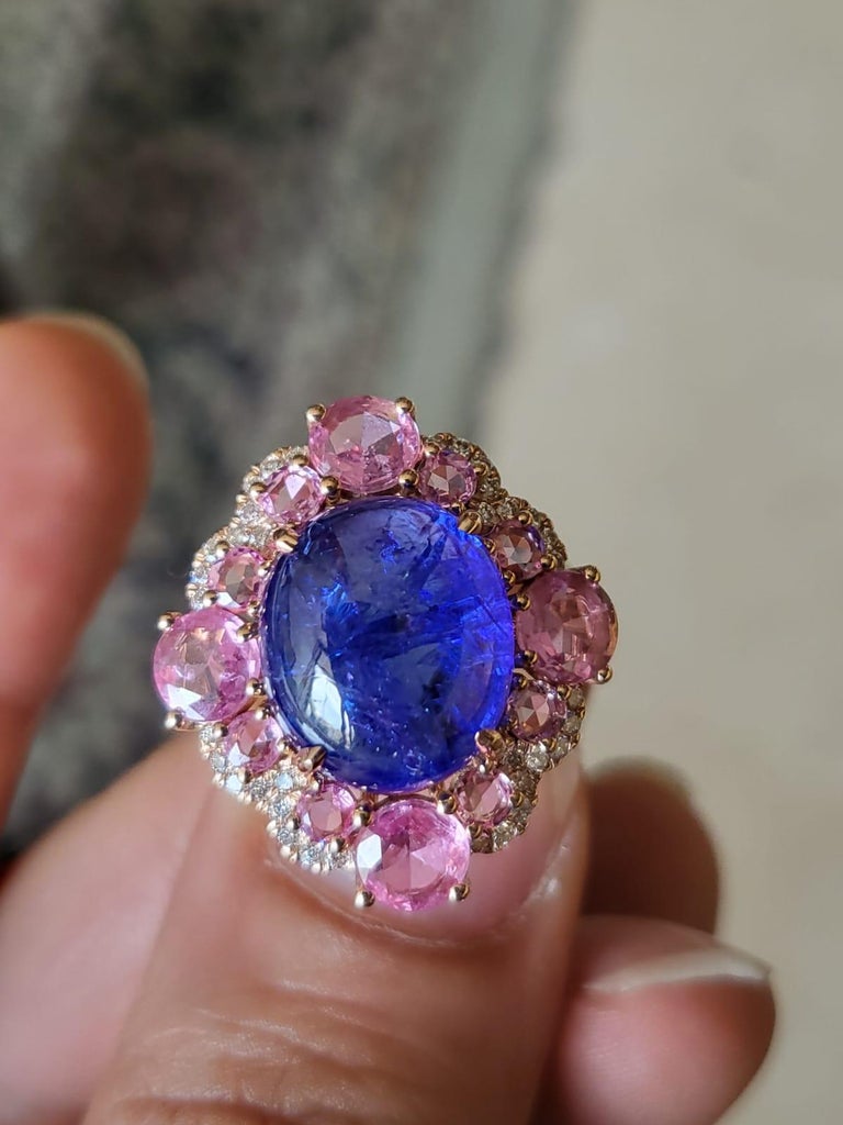 18K Gold, 9.00 Carats Tanzanite, Pink Sapphire & Diamond Cocktail Ring