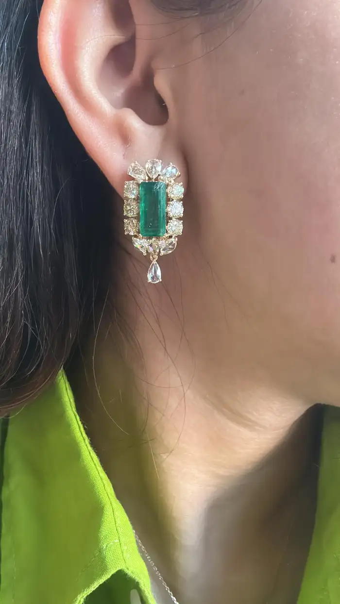 Natural Yellow Rose Cut Diamond Dangle Earrings - Solid 18k Yellow Gold Earrings With Zambian Emerald