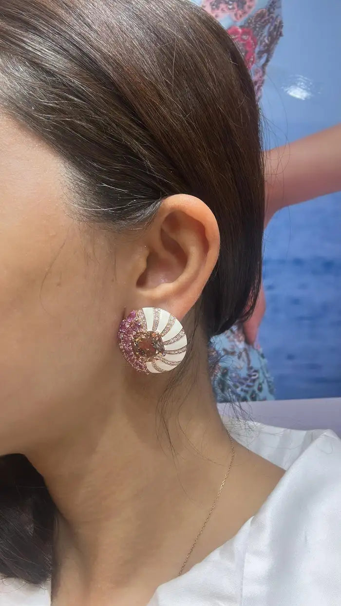Natural Morganite & Pink Sapphire Round Stud Earrings - 18k Rose Gold Handmade Earrings With White Enamel