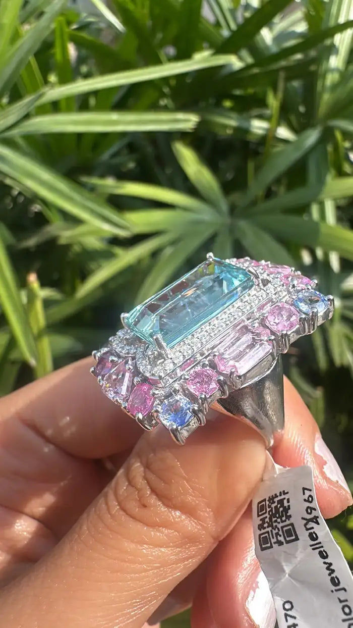 Natural Aquamarine & Multi Sapphire Cocktail Ring - Handmade 18k White Gold Diamond Ring
