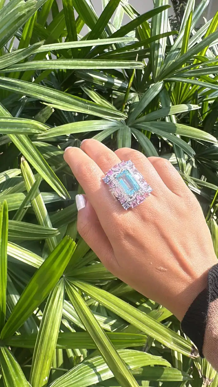 Natural Aquamarine & Multi Sapphire Cocktail Ring - Handmade 18k White Gold Diamond Ring