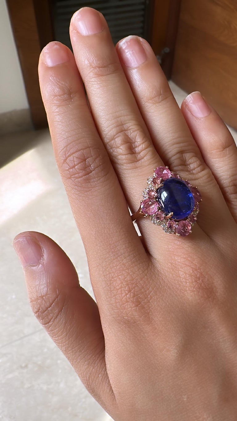 18K Gold, 9.00 Carats Tanzanite, Pink Sapphire & Diamond Cocktail Ring