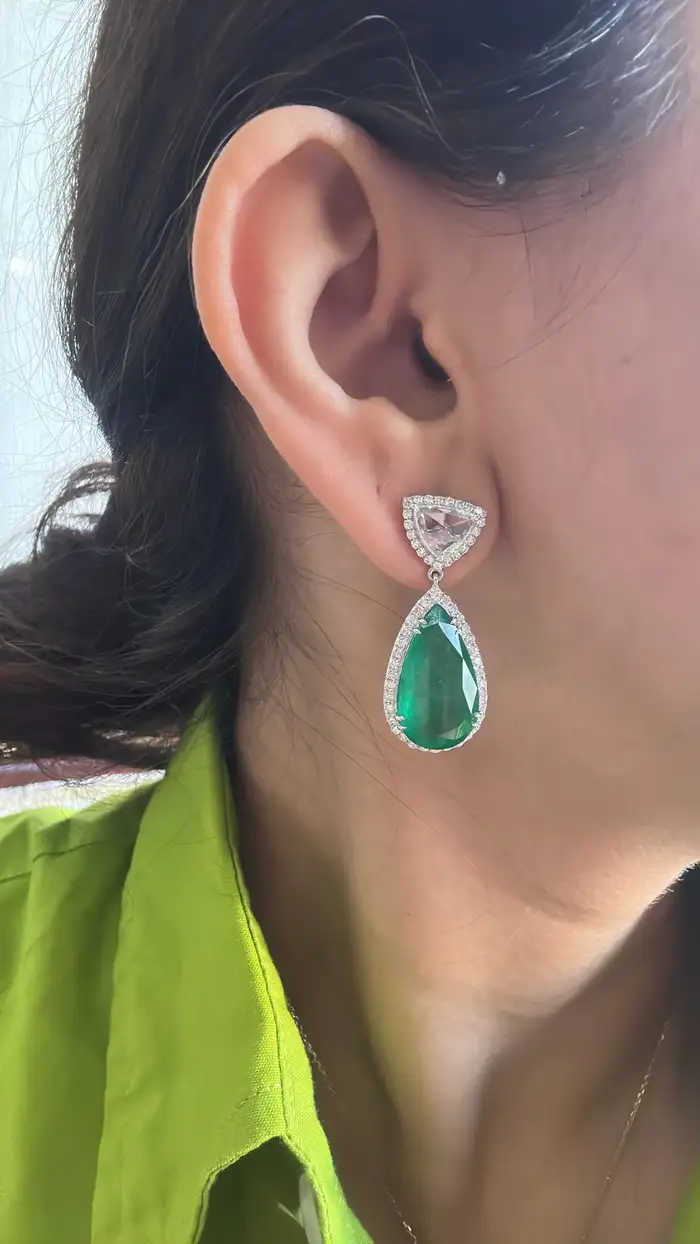 18K Gold, 15.01 carats Zambian Emeralds & Rose Cut Diamonds Drop Earrings