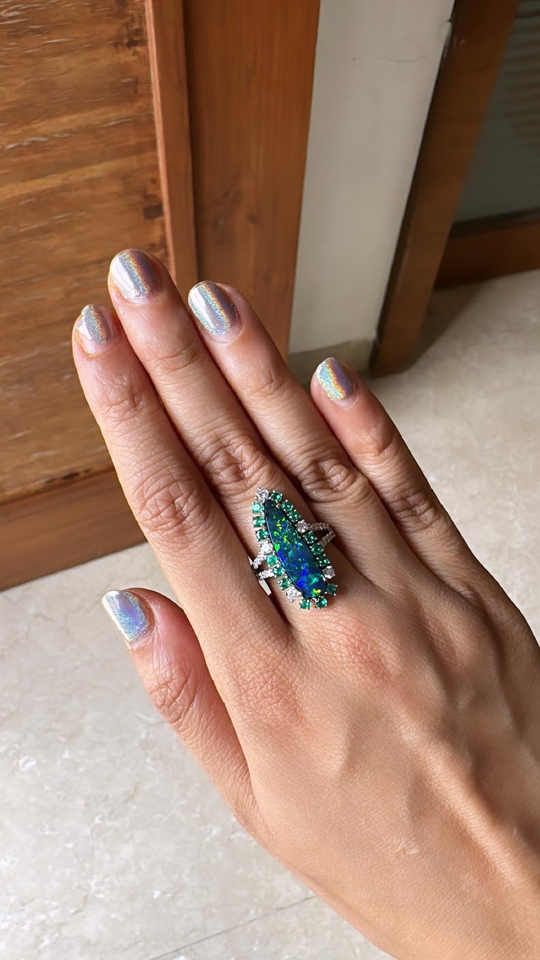 3.30 Carats, Australian Doublet Opal, Emerald & Diamonds Cocktail Ring