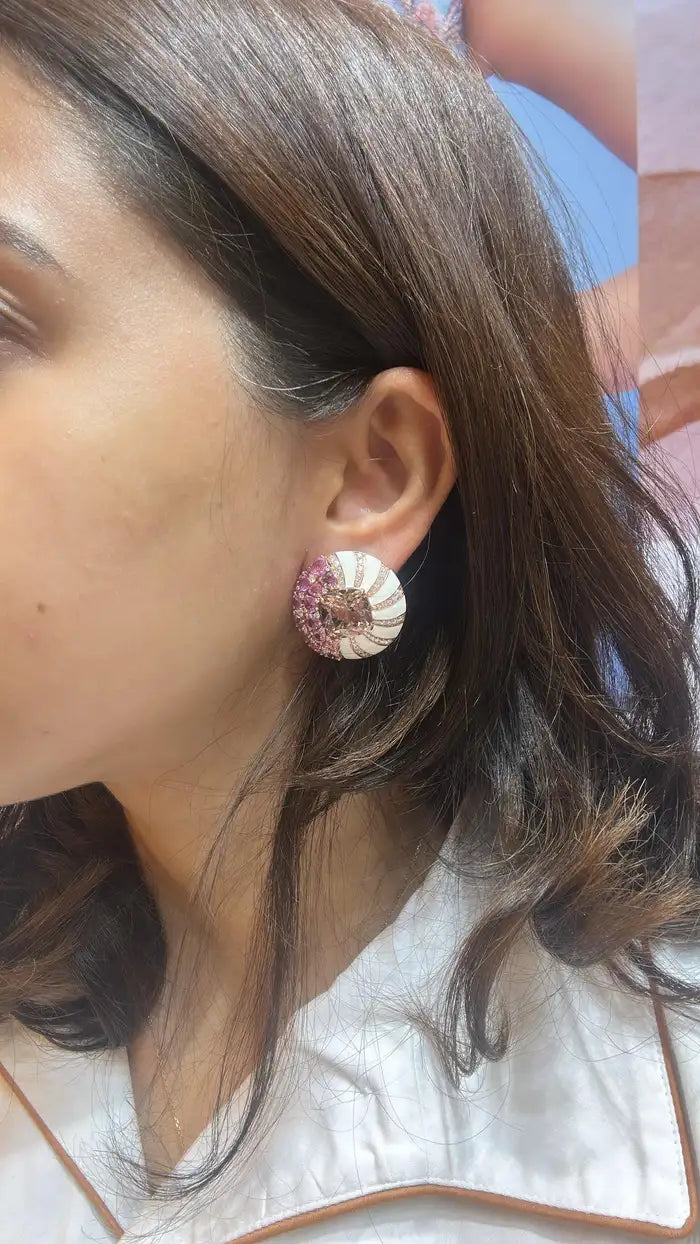 Natural Morganite & Pink Sapphire Round Stud Earrings - 18k Rose Gold Handmade Earrings With White Enamel