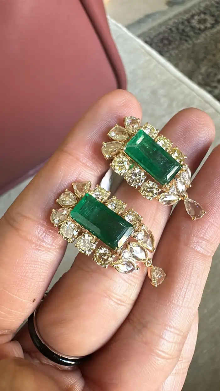 Natural Yellow Rose Cut Diamond Dangle Earrings - Solid 18k Yellow Gold Earrings With Zambian Emerald