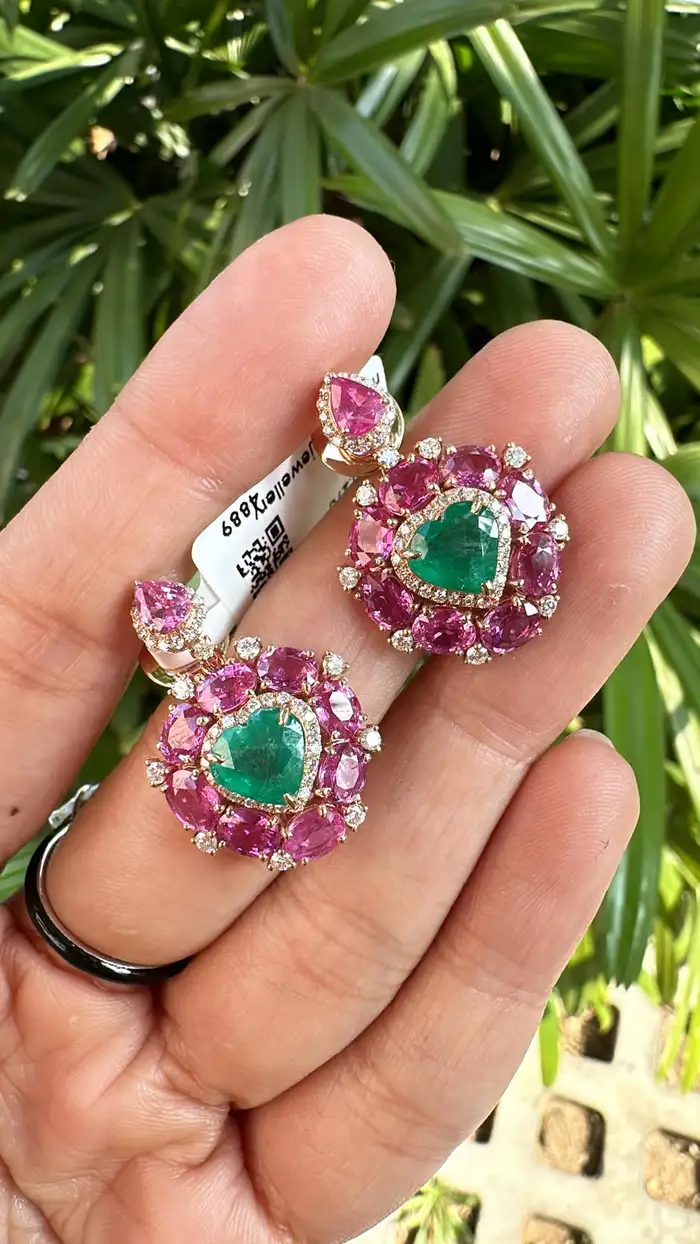 Natural Heart Shape Zambian Emerald & Pink Sapphire Dangle Earrings - 18k Rose Gold Diamond Earrings - Anniversary Gift For Wife