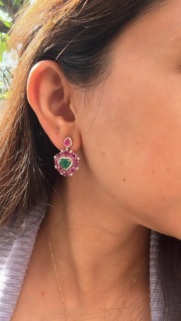 Natural Heart Shape Zambian Emerald & Pink Sapphire Dangle Earrings - 18k Rose Gold Diamond Earrings - Anniversary Gift For Wife