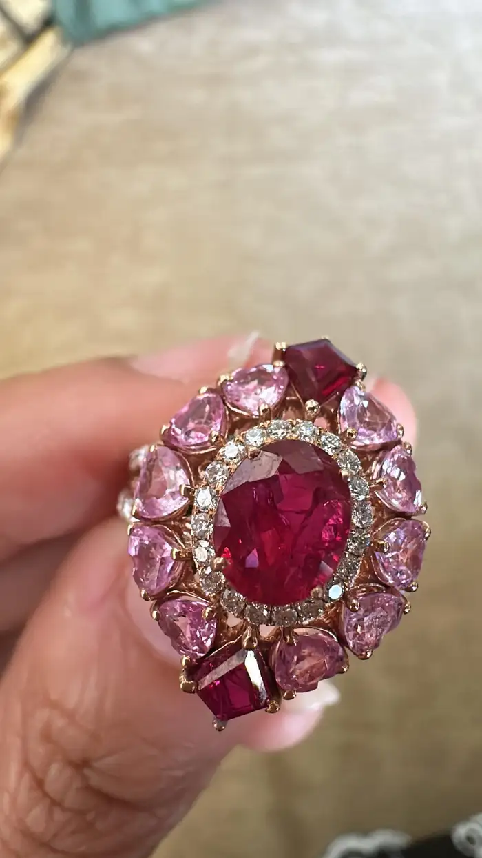 Set in 18K Gold, natural Mozambique Ruby, Pink Sapphire & Diamonds Cocktail Ring