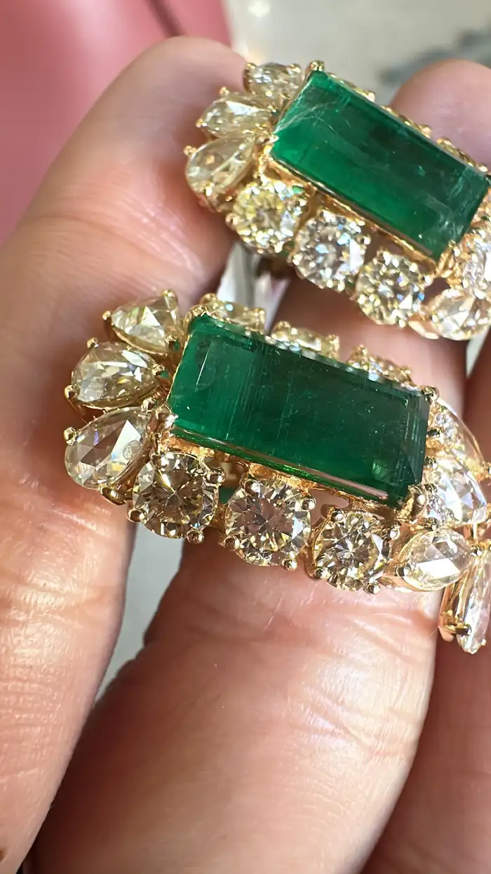 Natural Yellow Rose Cut Diamond Dangle Earrings - Solid 18k Yellow Gold Earrings With Zambian Emerald