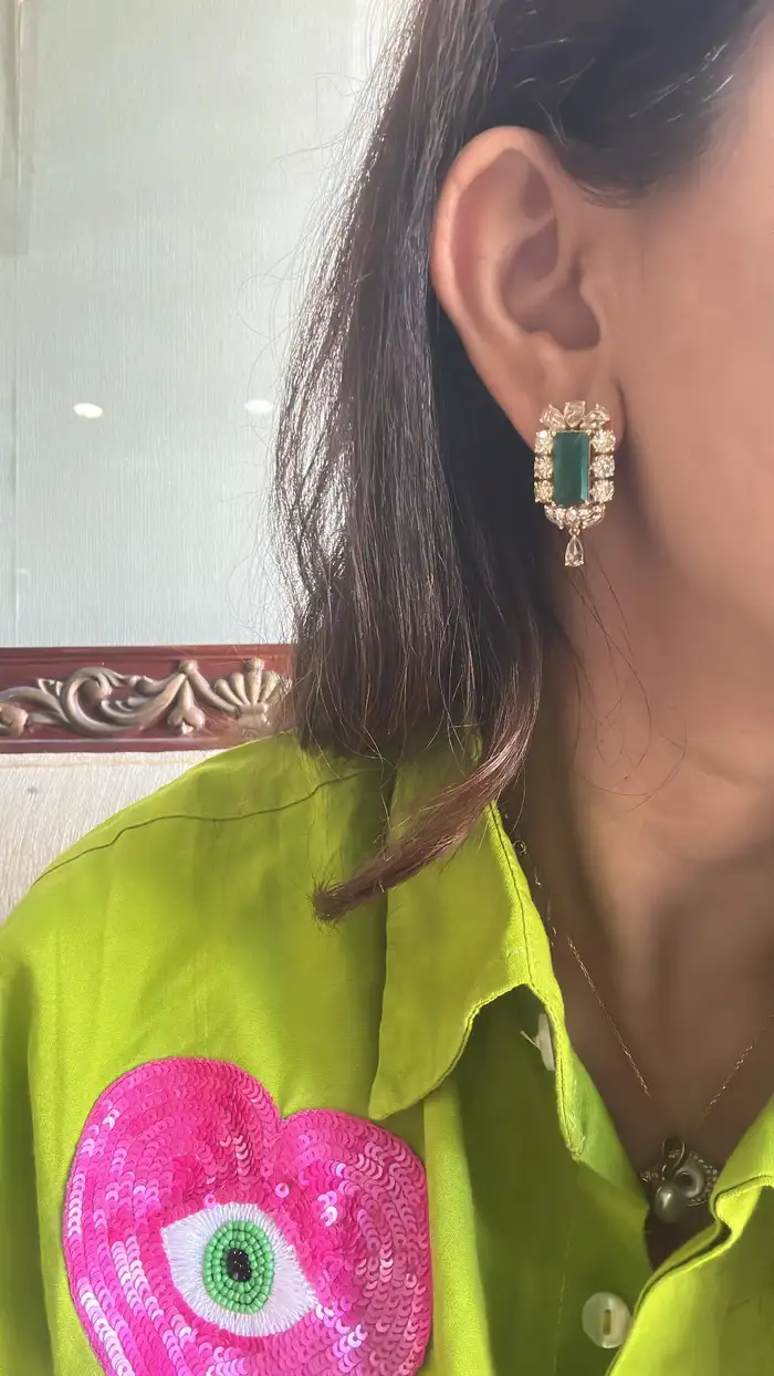 Natural Yellow Rose Cut Diamond Dangle Earrings - Solid 18k Yellow Gold Earrings With Zambian Emerald