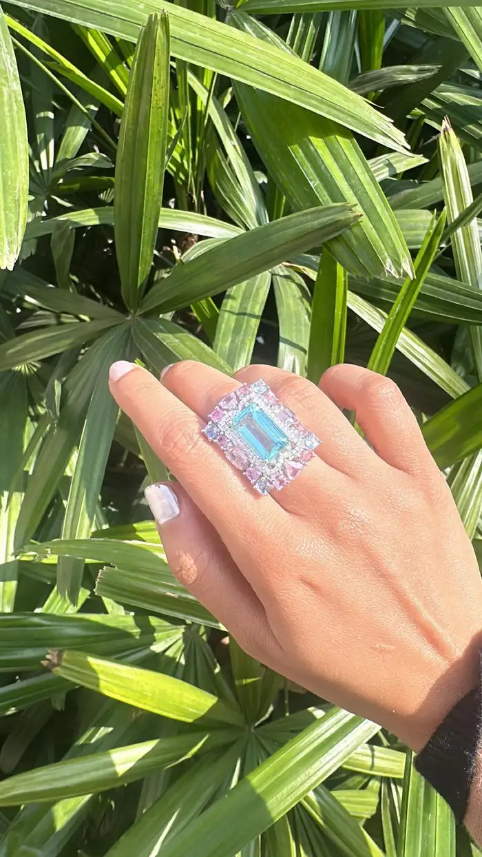 Natural Aquamarine & Multi Sapphire Cocktail Ring - Handmade 18k White Gold Diamond Ring
