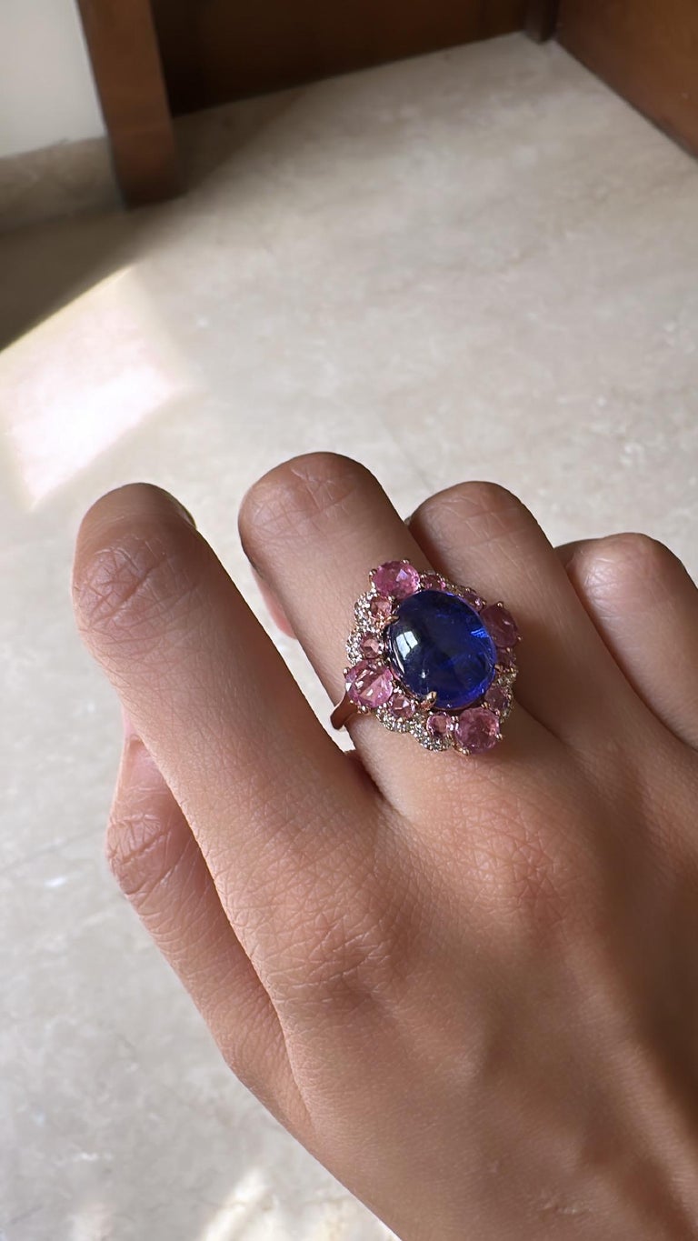 18K Gold, 9.00 Carats Tanzanite, Pink Sapphire & Diamond Cocktail Ring