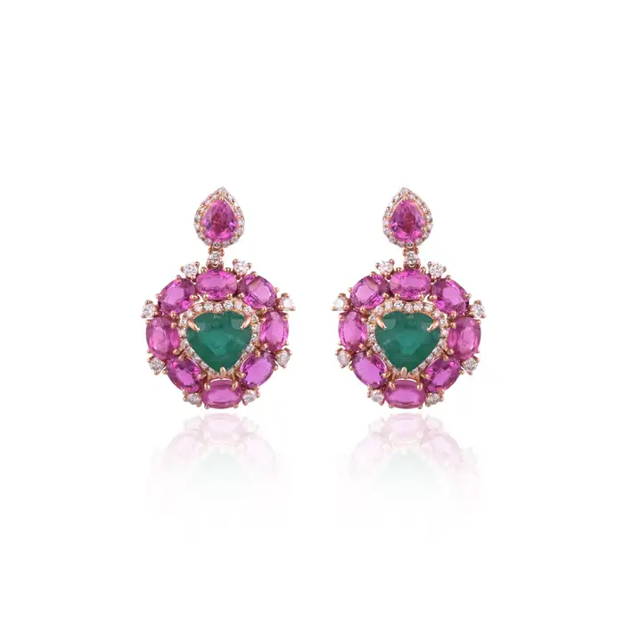 Natural Heart Shape Zambian Emerald & Pink Sapphire Dangle Earrings - 18k Rose Gold Diamond Earrings - Anniversary Gift For Wife