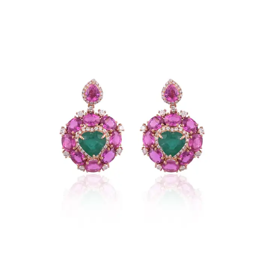 Natural Heart Shape Zambian Emerald & Pink Sapphire Dangle Earrings - 18k Rose Gold Diamond Earrings - Anniversary Gift For Wife