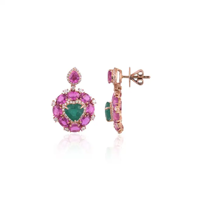 Natural Heart Shape Zambian Emerald & Pink Sapphire Dangle Earrings - 18k Rose Gold Diamond Earrings - Anniversary Gift For Wife