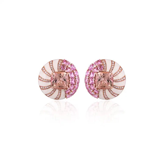 Natural Morganite & Pink Sapphire Round Stud Earrings - 18k Rose Gold Handmade Earrings With White Enamel