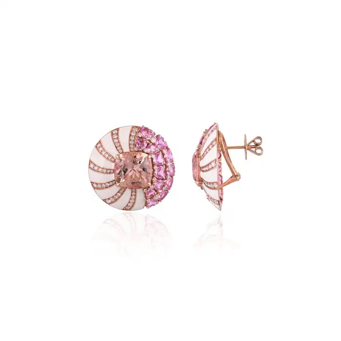 Natural Morganite & Pink Sapphire Round Stud Earrings - 18k Rose Gold Handmade Earrings With White Enamel
