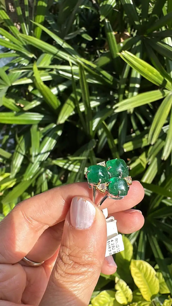 18k White Gold Diamond Ring - Natural 9.04 Ct. Zambian Emerald Sugarloaf Ring - Gold Diamond Ring