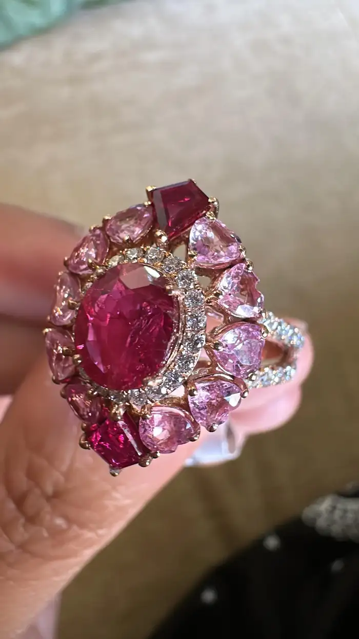 Set in 18K Gold, natural Mozambique Ruby, Pink Sapphire & Diamonds Cocktail Ring