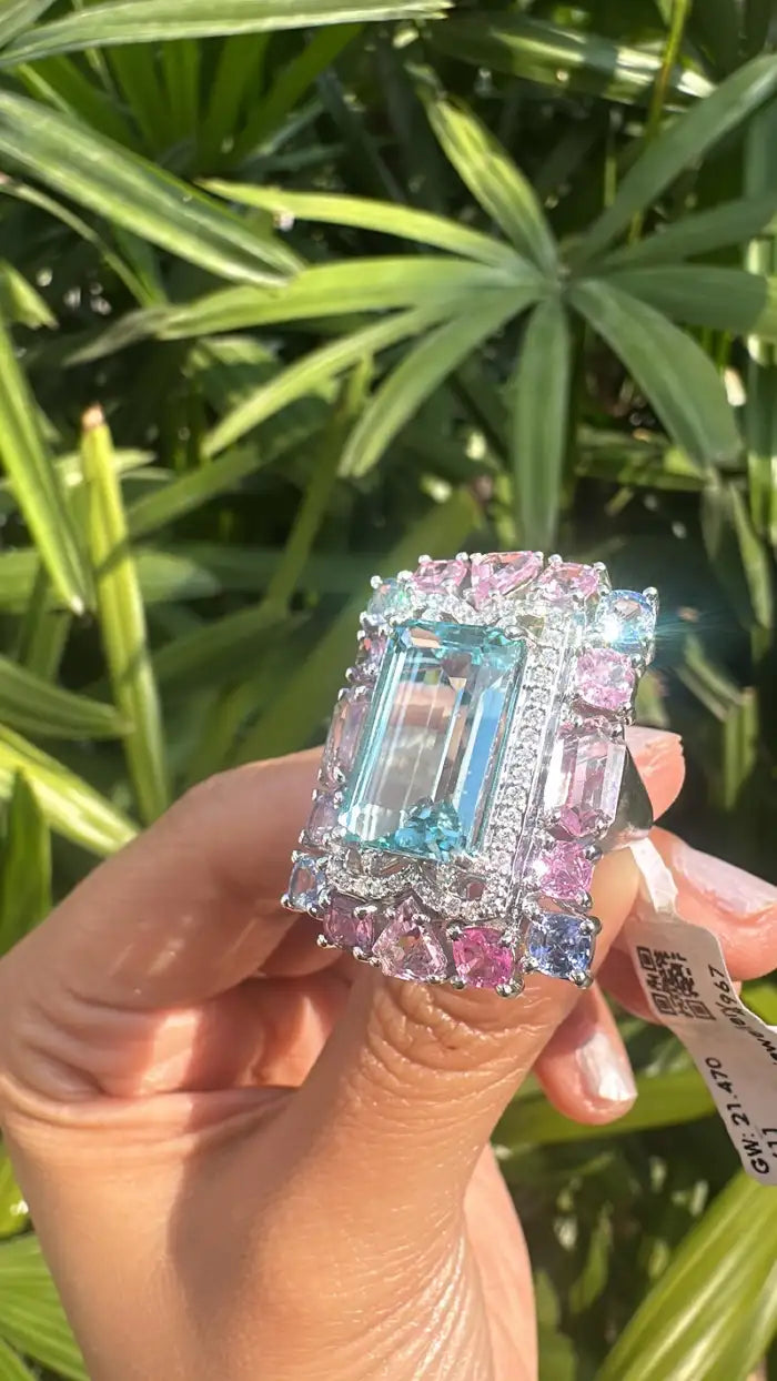 Natural Aquamarine & Multi Sapphire Cocktail Ring - Handmade 18k White Gold Diamond Ring