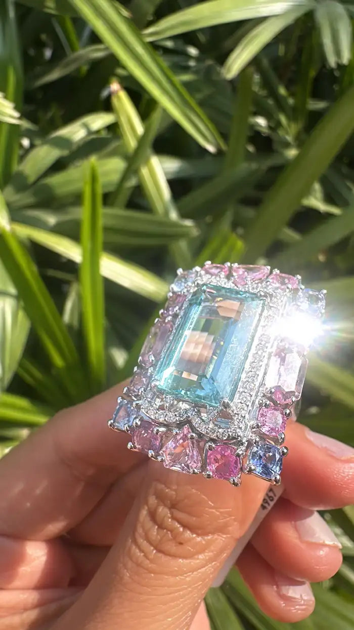 Natural Aquamarine & Multi Sapphire Cocktail Ring - Handmade 18k White Gold Diamond Ring