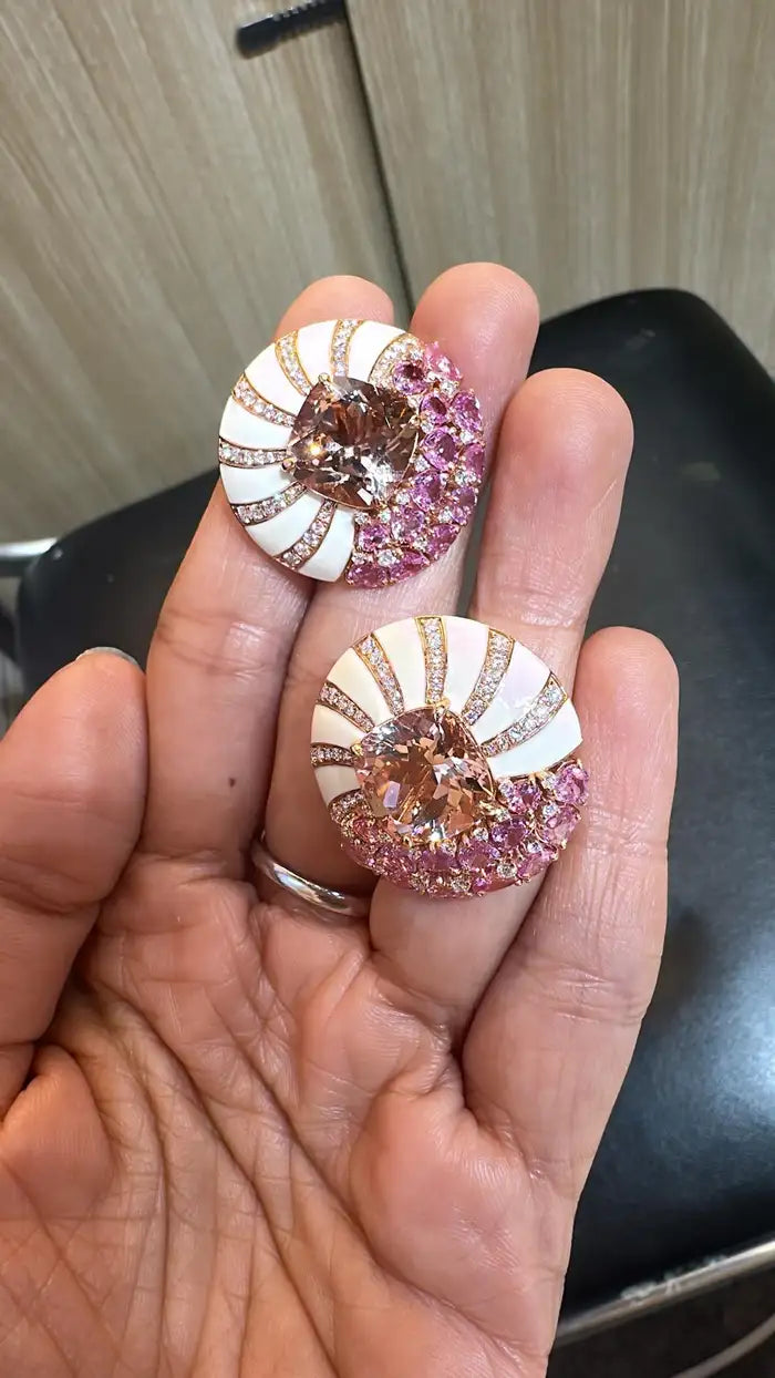 Natural Morganite & Pink Sapphire Round Stud Earrings - 18k Rose Gold Handmade Earrings With White Enamel
