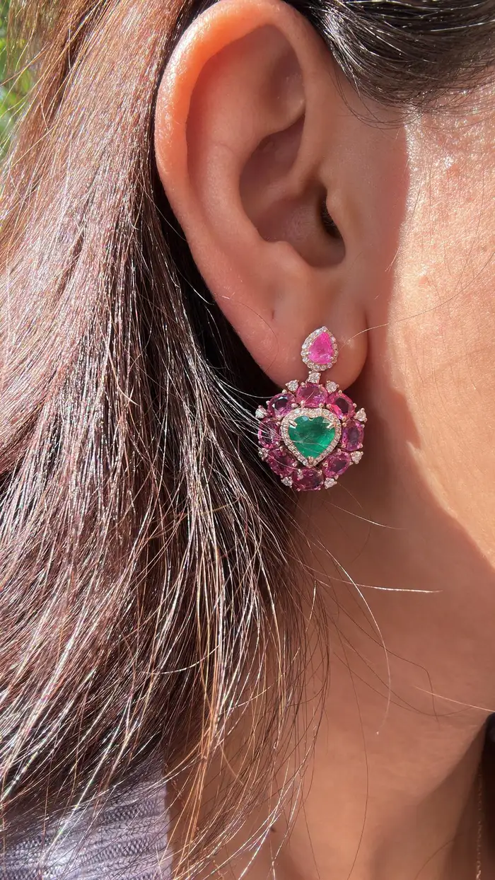 Natural Heart Shape Zambian Emerald & Pink Sapphire Dangle Earrings - 18k Rose Gold Diamond Earrings - Anniversary Gift For Wife