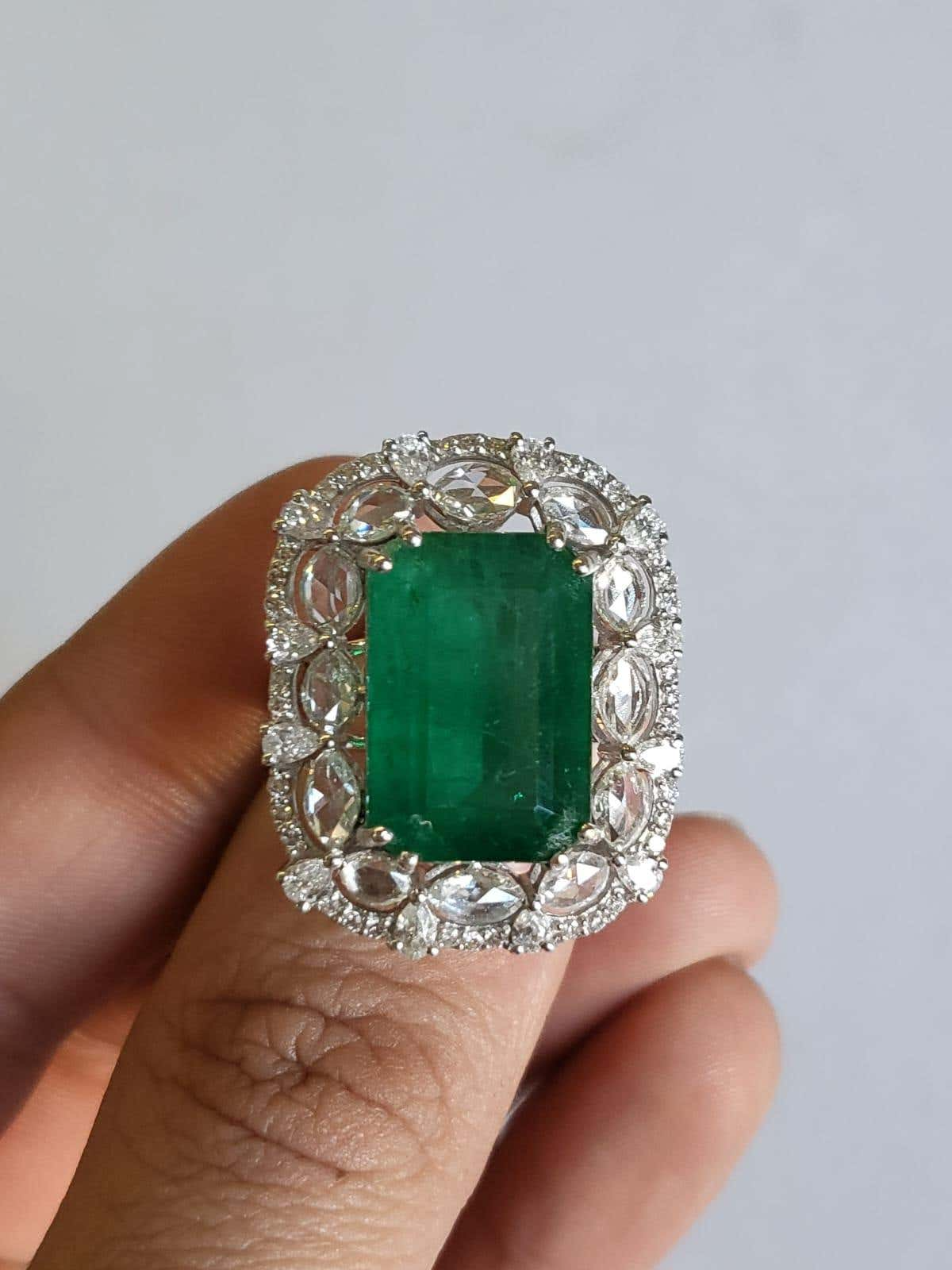 Natural Zambian Emerald & Rose Cut Diamonds Engagement Ring
